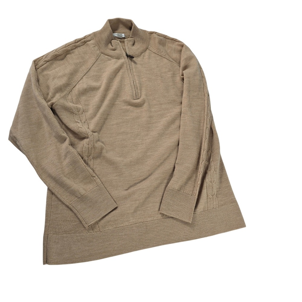 Orvis Mens Tan 100% Merino Wool‎ Quarter Zip Cable Knit Sweater Large RN 70534
